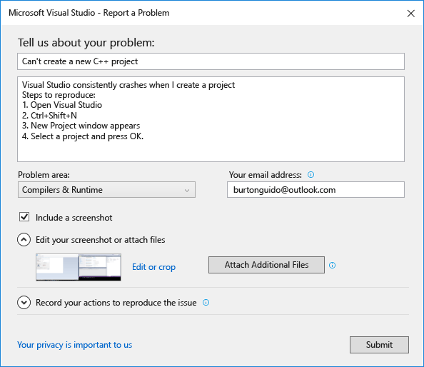 Report A Problem Dialog Report A Problem Dialog