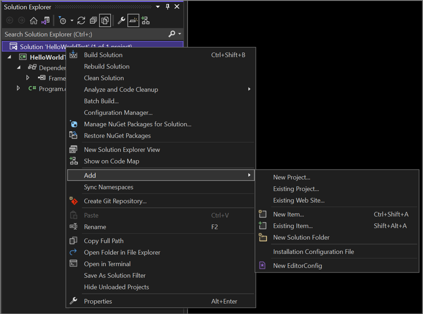 Screenshot of the Add fly-out menu from the right-click context menu in Solution Explorer.