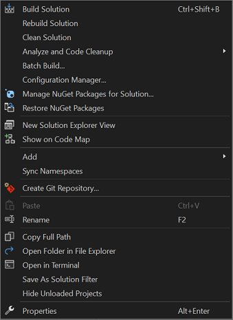 Screenshot of the right-click context menu from a solution node in Solution Explorer.