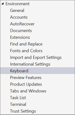 Screenshot of Environment options in Visual Studio with the Keyboard option selected.