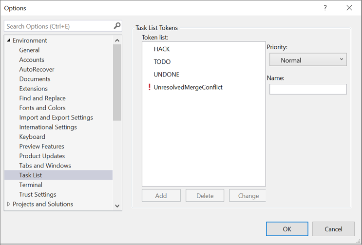 Screenshot of the options available in the Task List dialog box.