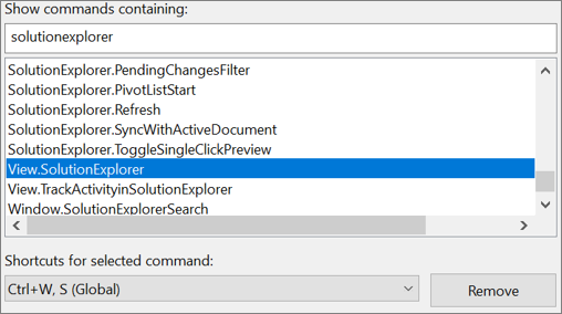 Screenshot of the keyboard shortcut for the View.SolutionExplorer command.