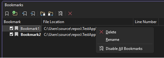 Screenshot of the Rename function in the right-click context menu in the Bookmarks window.