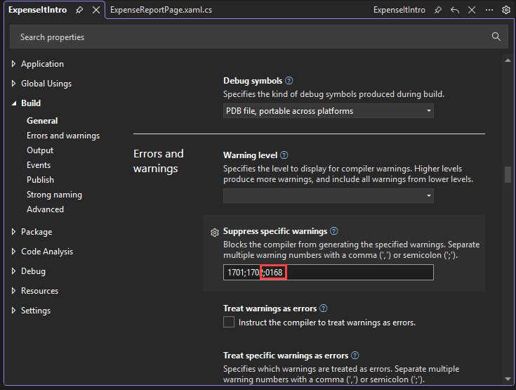 Screenshot of Build section in Project Properties.
