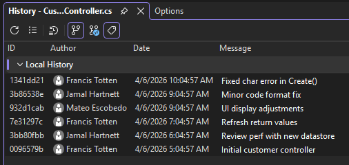 Screenshot that shows the CodeLens change history for code in a GitHub repository in Visual Studio.