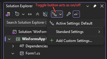 Screenshot that shows the button for turning file nesting on and off.
