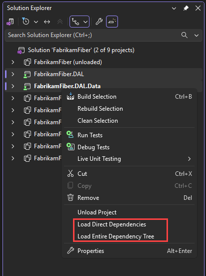 Screenshot of the load project dependencies options.