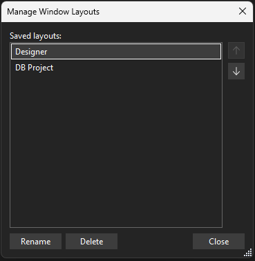 Screenshot of the Manage Window Layouts dialog.