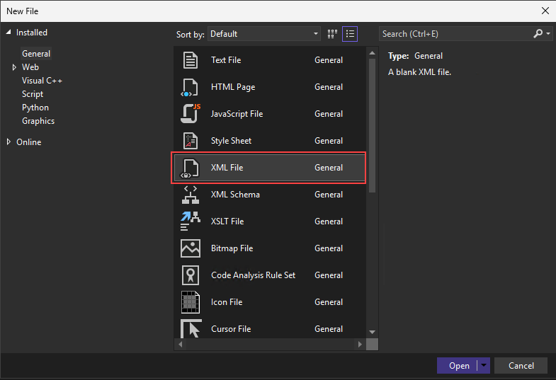 Screenshot of the New File dialog with the XML File option selected.