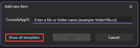 Screenshot of the Quick Add dialog with the Show All Templates button highlighted for emphasis.