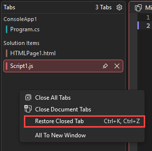 Screenshot of the Restore Closed Tab menu item.