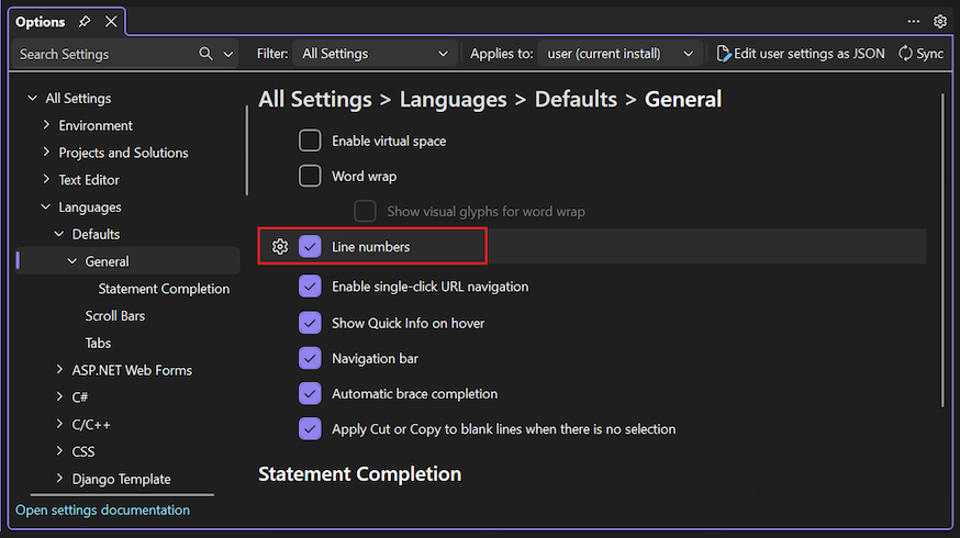 Screenshot that shows how to set the default line number option for all languages.