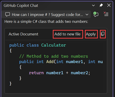 Screenshot of the options to copy code block, insert code in new file, or insert code in the current file.