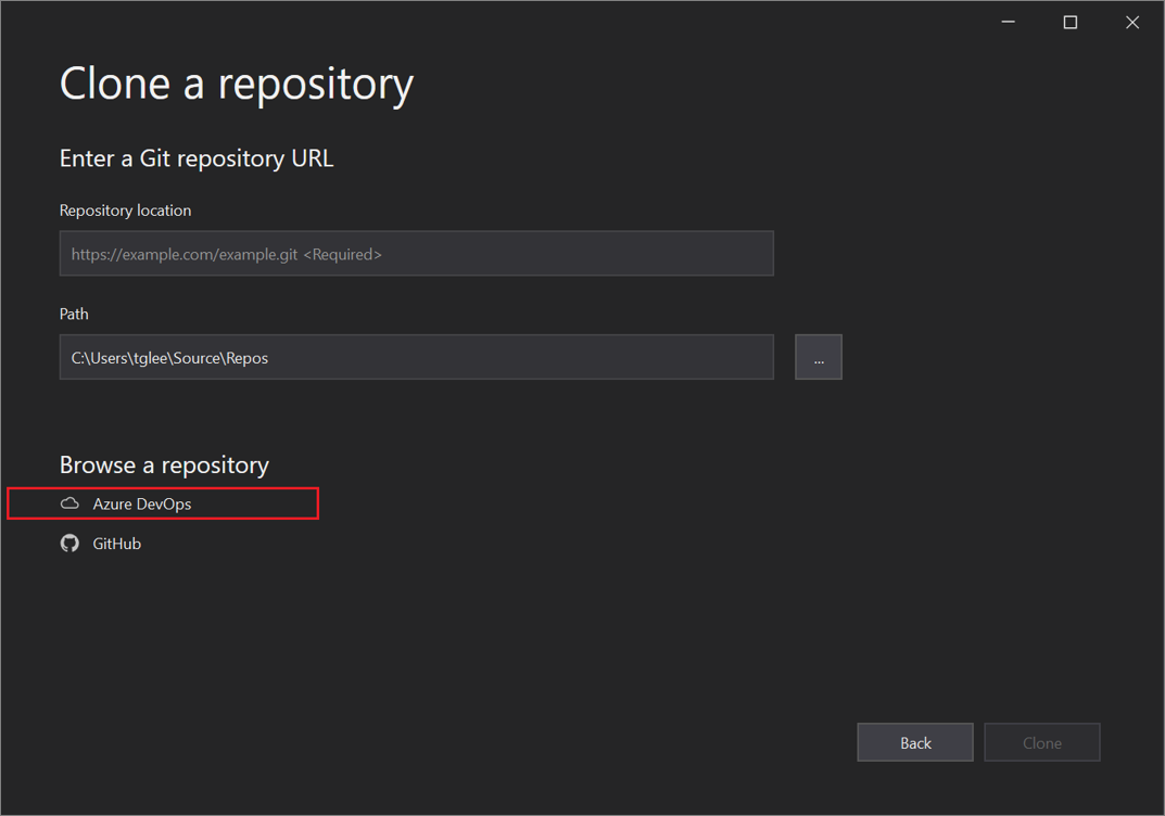 Screenshot of the 'Browse a repository' section of the The 'Connect to a Project' dialog box in Visual Studio 2019 version 16.8 and and later.