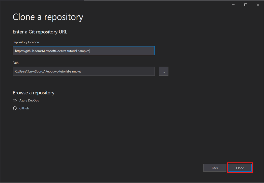 Screenshot of the Clone a Repository dialog where you enter a Git repo URL in Visual Studio 2019 version 16.8 and later.