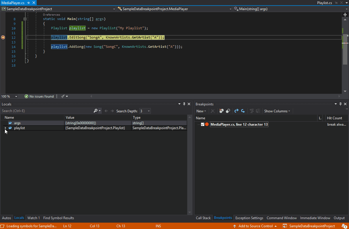 An animation that shows the debug data breakpoints in Visual Studio 2019