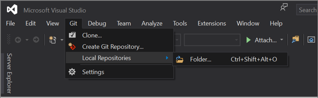 Screenshot of the Git menu in Visual Studio 2019 version 16.8 and later, with the Local Repositories option expanded.