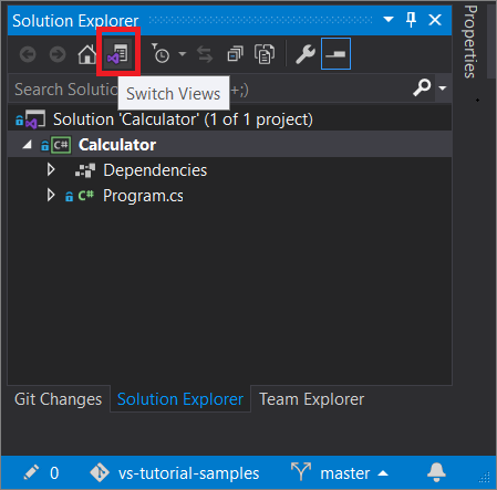 Screenshot of a project in Git that's open in Solution Explorer, with the Switch Views button highlighted in Visual Studio 2019 version 16.8 and later.