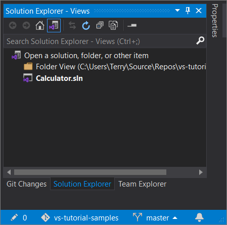 Screenshot of the .sln file in Git that's open in Solution Explorer, after you've selected the Switch Views button in Visual Studio 2019 version 16.8 and later.