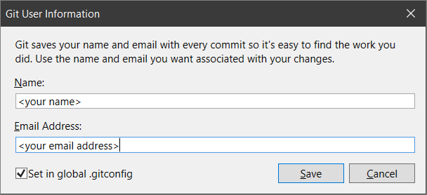 Screenshot of the Git User Information dialog where you enter or edit your account info in Visual Studio 2019 version 16.8 and later.