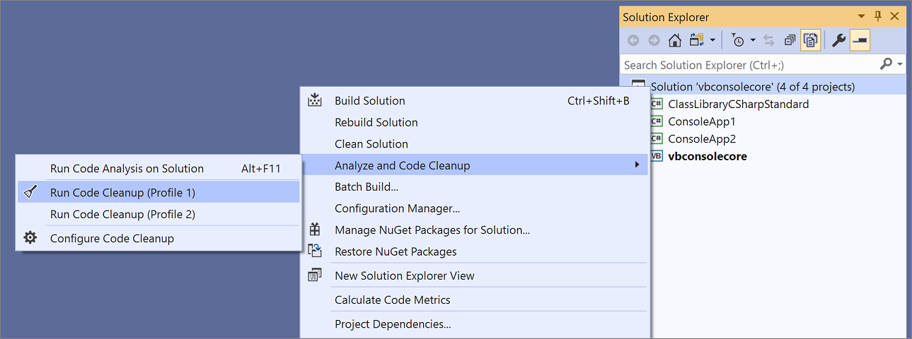 Screenshot of Run Code Cleanup across entire project or solution.