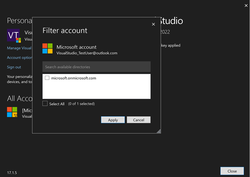 Screenshot showing the filtered tenant state on the Account Settings and the Filter Account dialogs