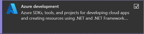 Screenshot of the Azure development workload selected in the Visual Studio Installer.