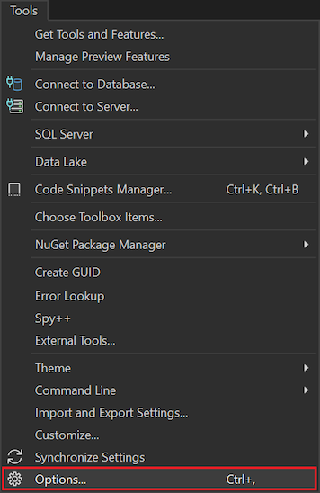 Screenshot of Tools, Options menu item.