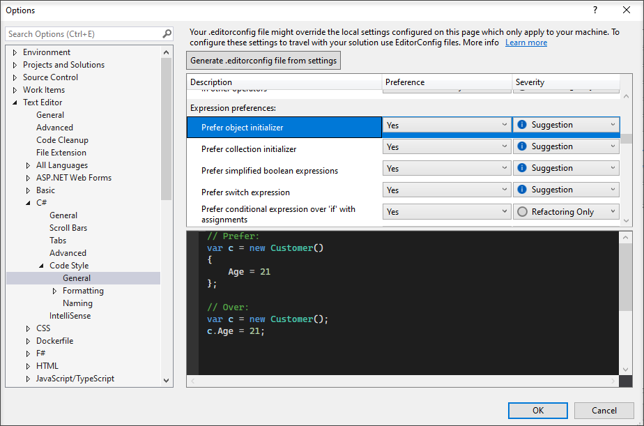 Screenshot of code style options.