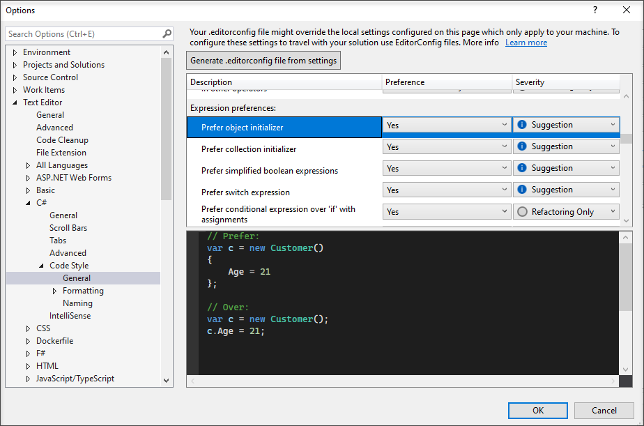 Code style options and code cleanup - Visual Studio (Windows