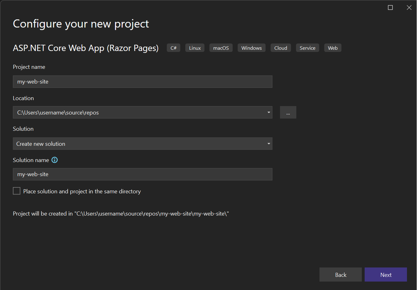 Screenshot of the 'Configure your new project' dialog in Visual Studio 2022.