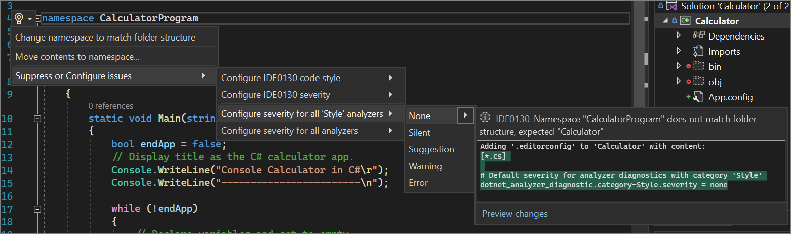 Screenshot of how to configure the severity of a code style rule from within the editor.