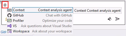 Screenshot of the Visual Studio 2022 Copilot Chat agent picker showing Context, GitHub, Profiler, VS, and Workspace.
