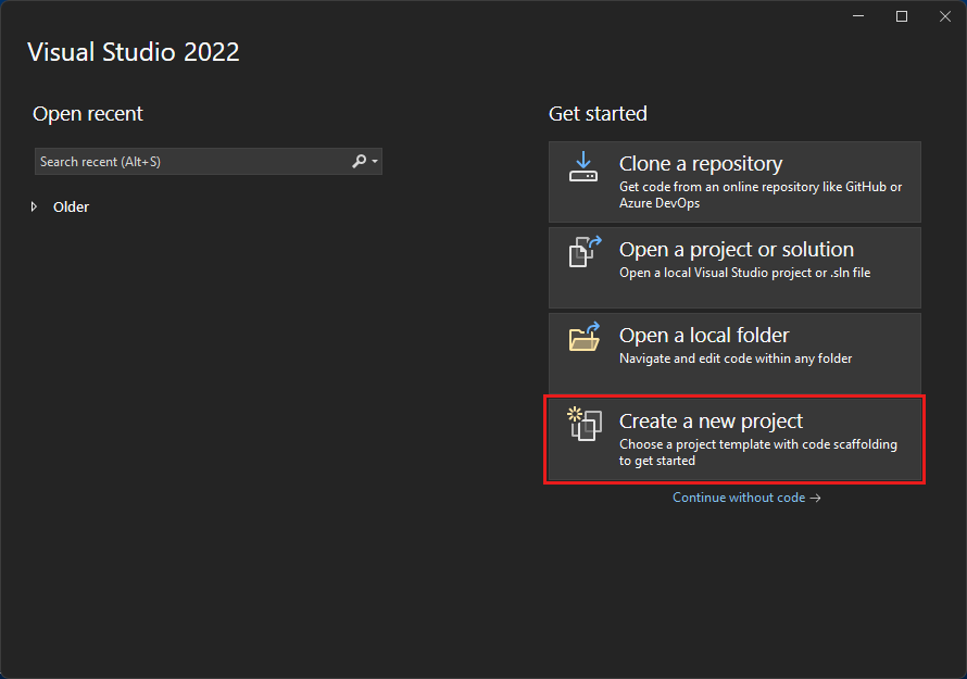 Screenshot to show the Create a new project window.