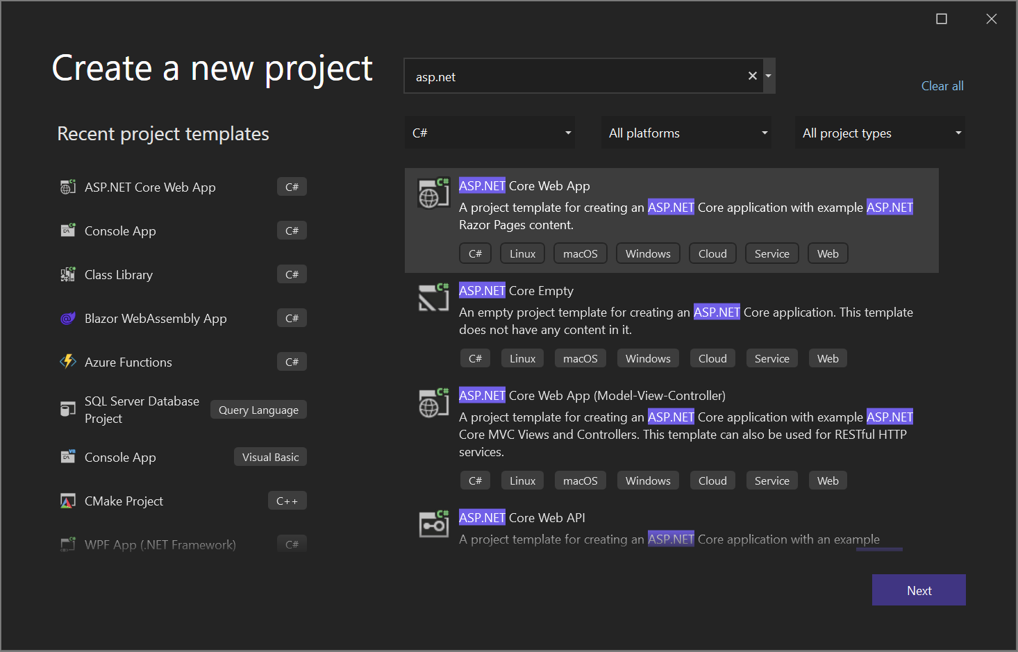 Screenshot of the project template filters in Visual Studio 2022.