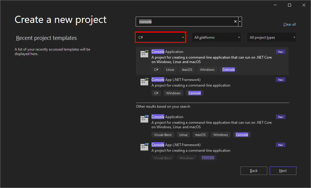 Screenshot of the 'Create a new project' window in Visual Studio 2022, where you select the template that you want.