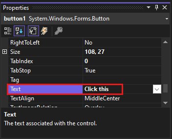 Screenshot to add text to the button on the form by using the Properties window.