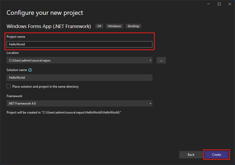Screenshot to show the 'Configure your new project' window and name your project 'HelloWorld'