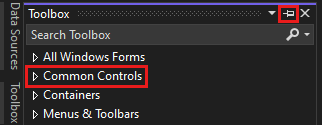 Screenshot to select the Pin icon to pin the Toolbox window to the IDE.