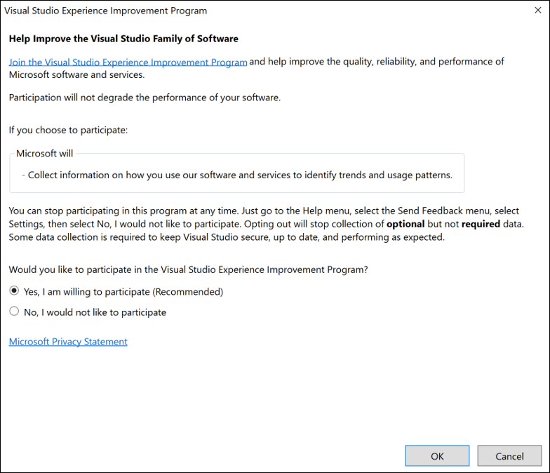 Visual Studio Experience Improvement Program dialog