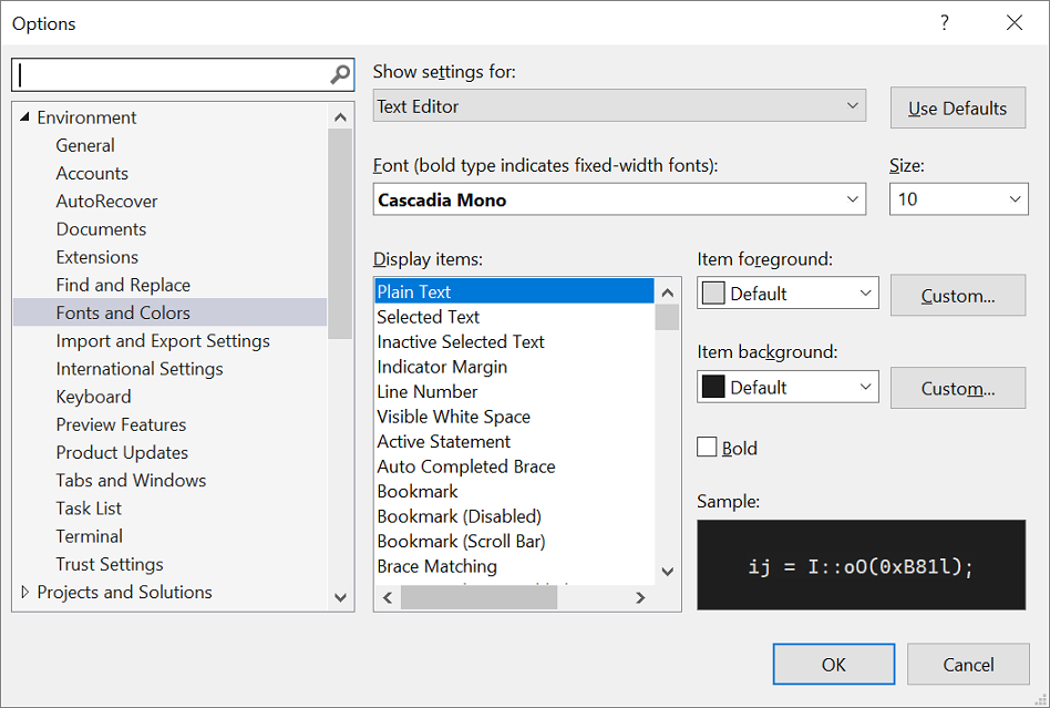 Screenshot of the Options dialog box where you change the font and text size in the editor