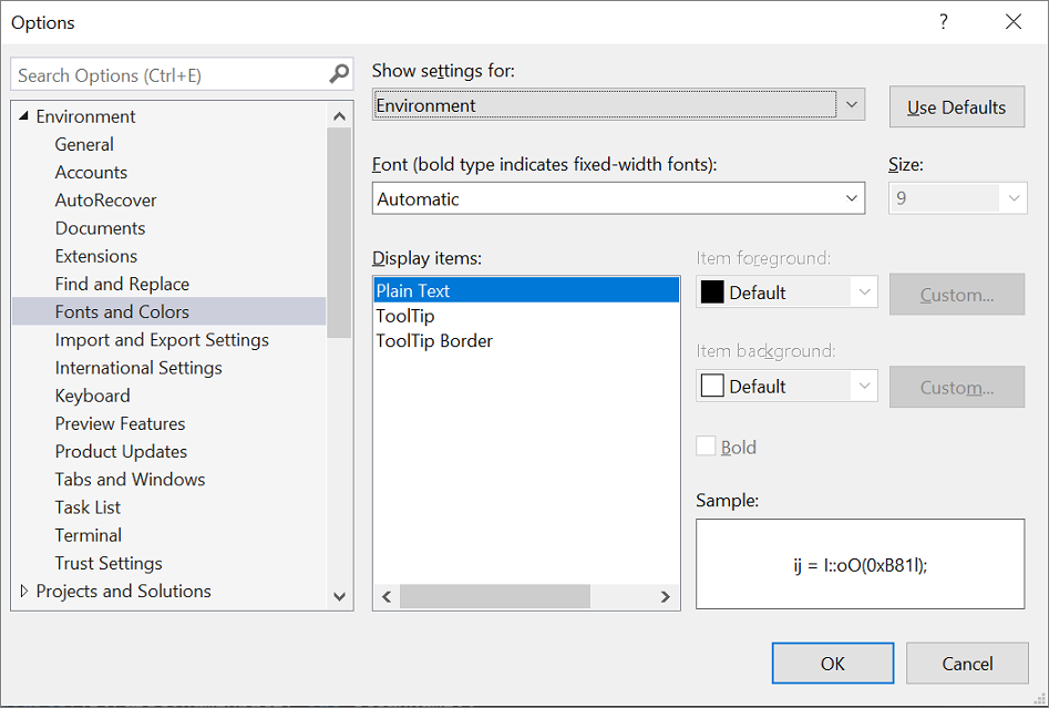 Screenshot of the Options dialog box where you change the font and text size in the IDE