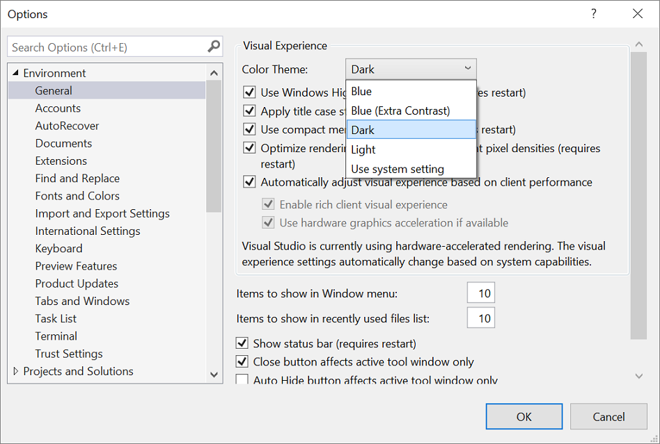 Screenshot of the Options dialog box where you can change the color theme.