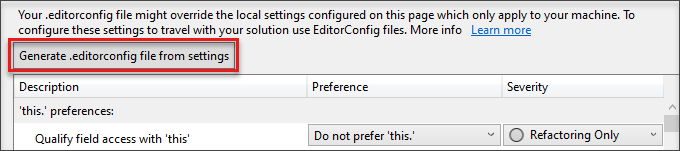 Screenshot of Generate editorconfig file from settings.