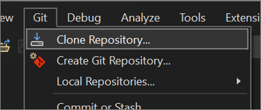 Screenshot of the Clone Repository option from the Git menu in Visual Studio.