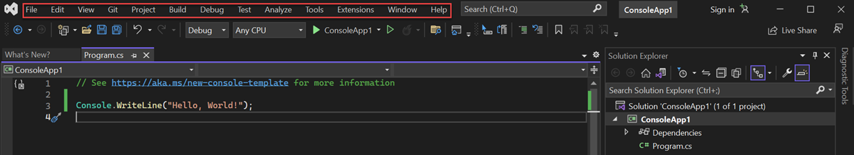 Screenshot of the Menu bar in Visual Studio 2022.