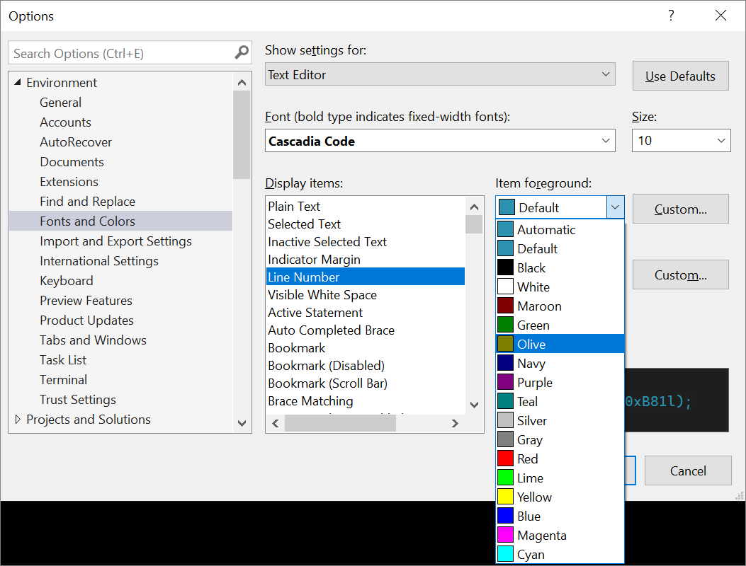 Screenshot of the Fonts and Colors category in the Options dialog box.