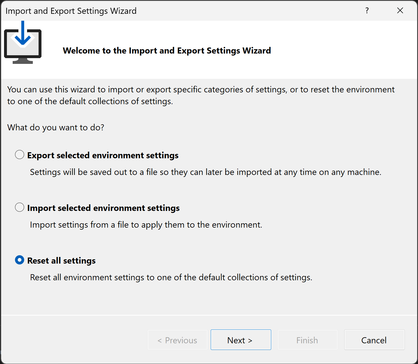 Screenshot of the 'Import and Export Settings Wizard' in Visual Studio 2022.