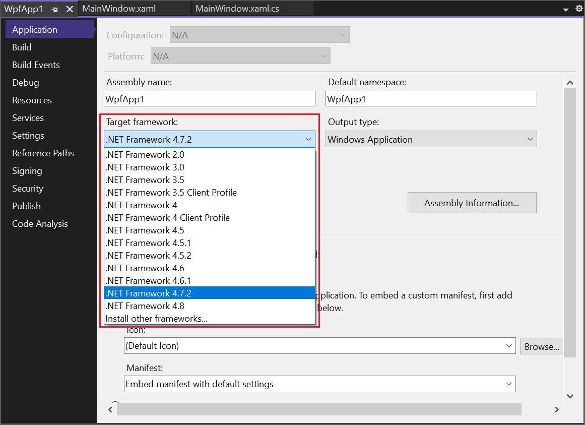 Screenshot of the Project Properties dialog with .NET Framework options highlighted.