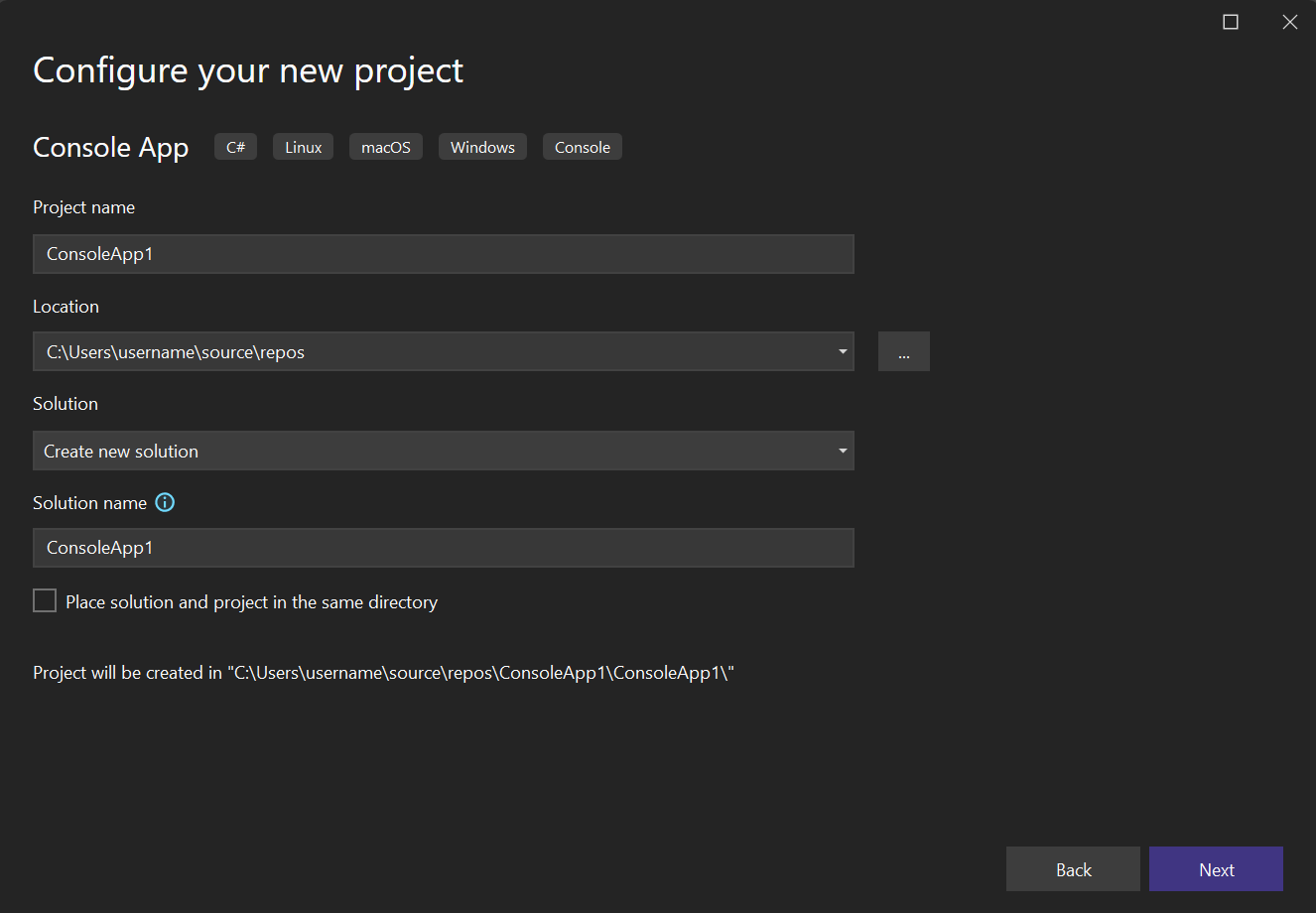 Screenshot of the 'Configure a new project' window in Visual Studio 2022, where you enter the name of the project.